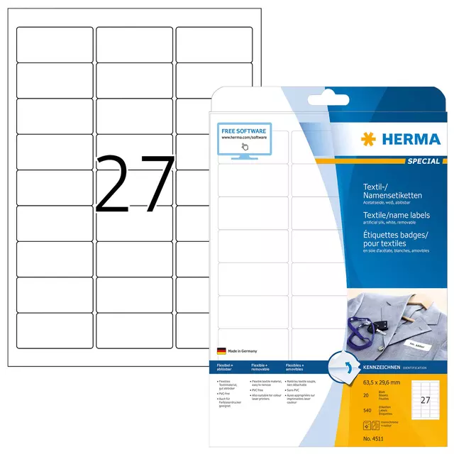 Een Naambadge etiket HERMA 4511 63.5x29.6mm wit koop je bij All Office Kuipers BV