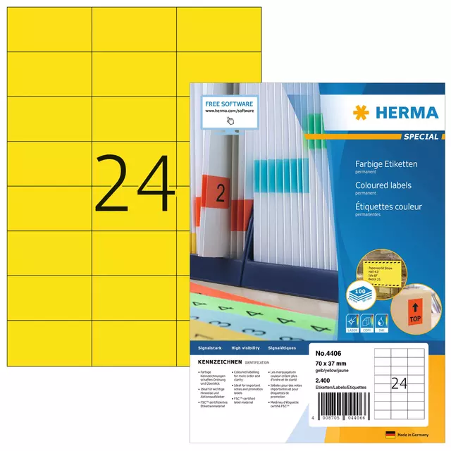 Een Etiket HERMA 4406 70x37mm geel 2400stuks koop je bij All Office Kuipers BV