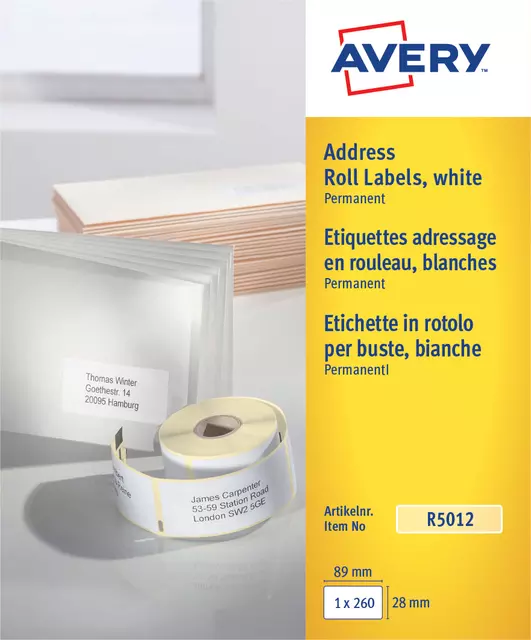 Een Etiket Avery R5012 thermisch 89x28mm wit 260stuks koop je bij De Joma BV