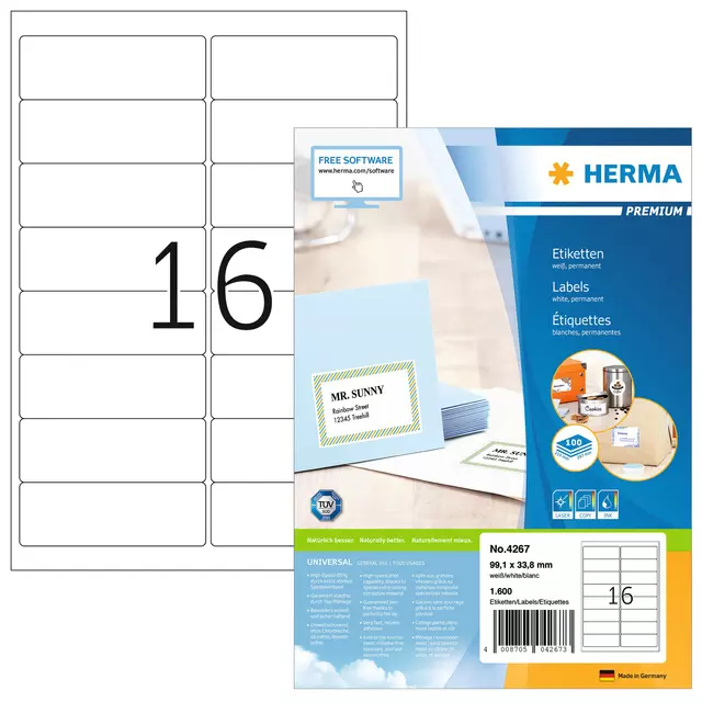 Een Etiket HERMA 4267 99.1x33.8mm premium wit 1600stuks koop je bij De Joma BV