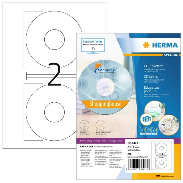 Een Etiket HERMA 4471 CD 116mm wit opaqua 200stuks koop je bij De Joma BV