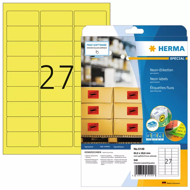 Een Etiket HERMA 5140 63.5x29.6mm neongeel 540stuks koop je bij All Office Kuipers BV
