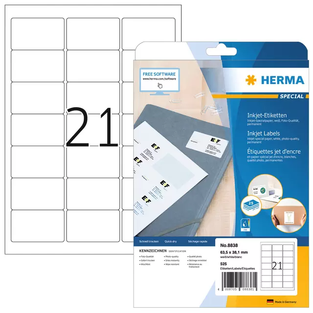 Een Etiket HERMA 8838 63.5x38.1mm mat wit 525stuks koop je bij De Rijk Kantoorshop