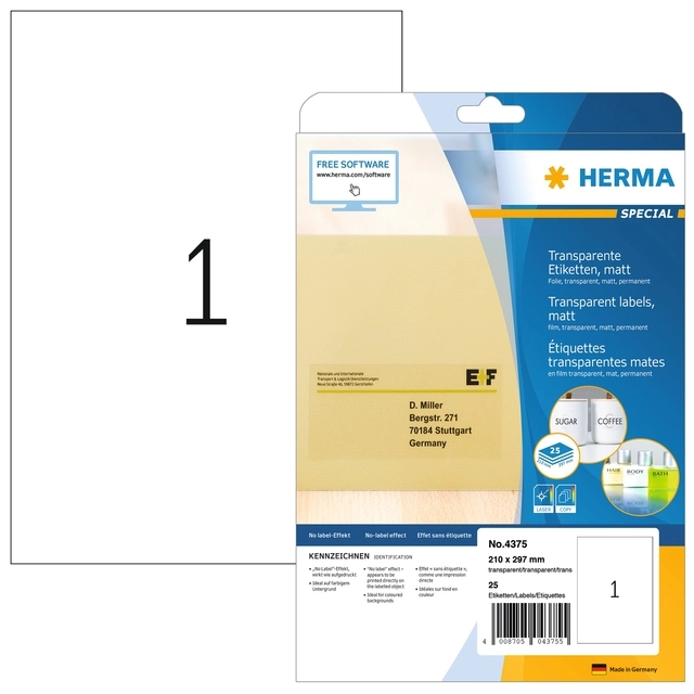 Een Etiket HERMA 4375 210x297mm A4 transparant 25stuks koop je bij De Joma BV
