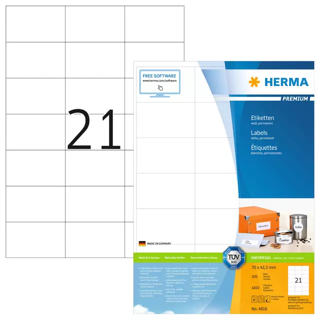 Een Etiket HERMA 4616 70x42.3mm premium wit 4200stuks koop je bij De Joma BV