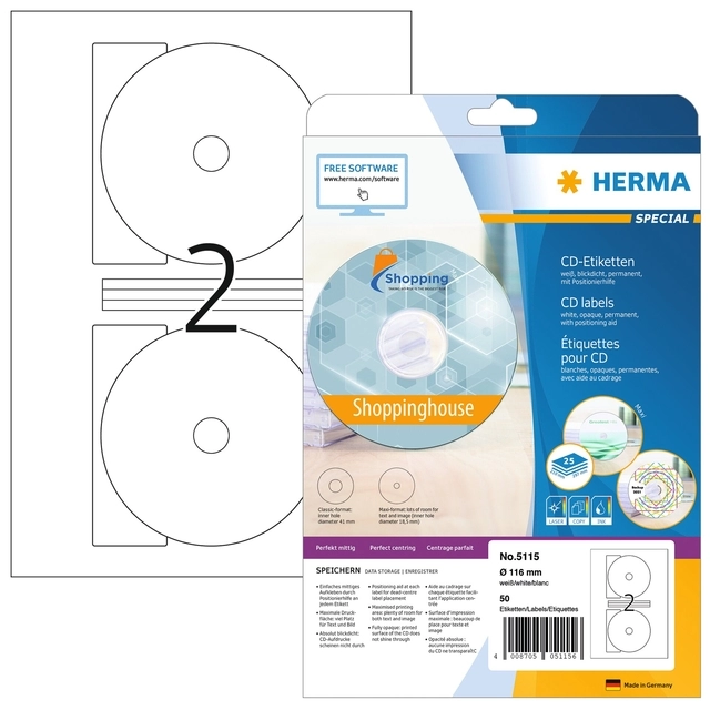 Een Etiket HERMA 5115 CD 116mm wit 50 stuks koop je bij De Joma BV