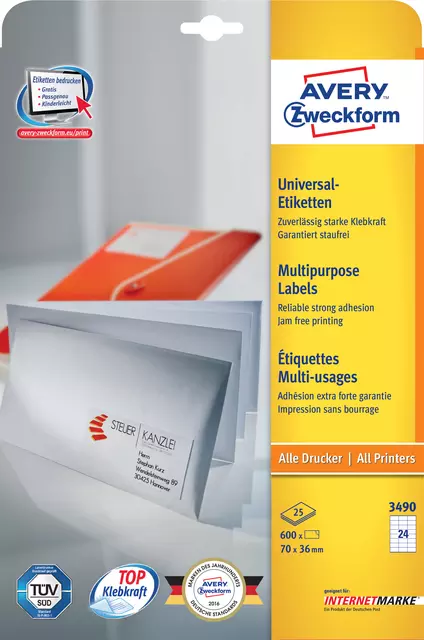 Een Etiket Avery Zweckform 3490 70x36mm wit 600stuks koop je bij Clippz! Office Supplies