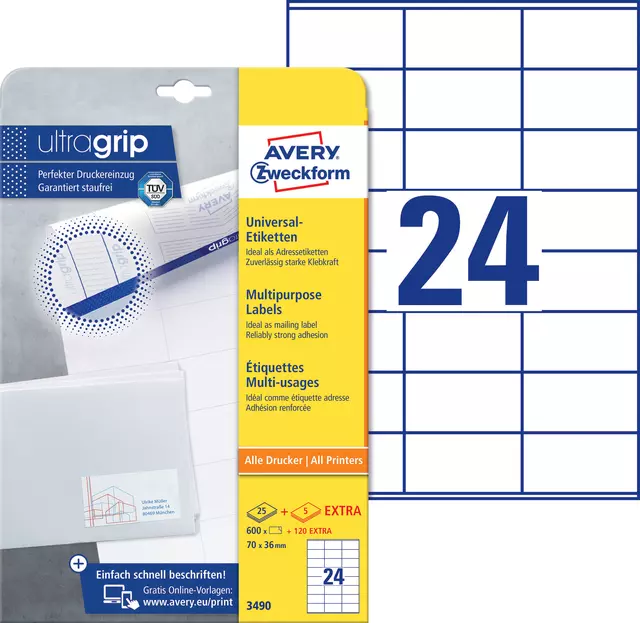 Een Etiket Avery Zweckform 3490 70x36mm wit 600stuks koop je bij QuickOffice BV