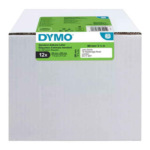 Een Etiket Dymo LabelWriter adressering 28x89mm 12 rollen á 130 stuks wit koop je bij Continu Kantoor