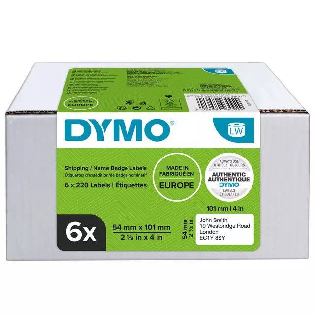 Een Etiket Dymo LabelWriter naamkaart 54x101mm 6 rollen á 220 stuks wit koop je bij Clippz! Office Supplies