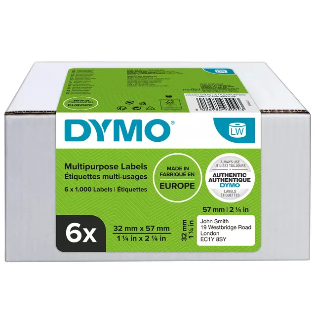 Een Etiket Dymo LabelWriter multifunctioneel 32x57mm 6 rollen á 1000 stuks wit koop je bij Schellen Boek- en Kantoorboekhandel