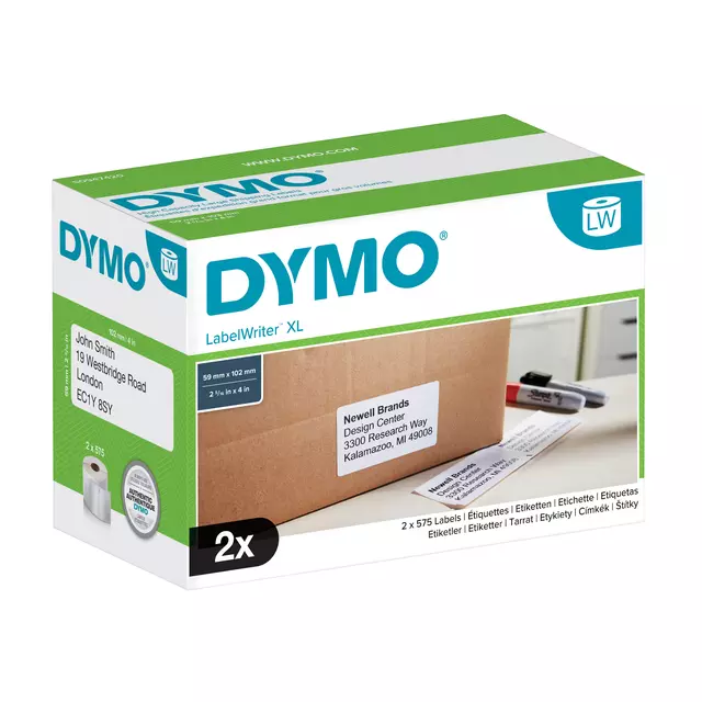 Een Etiket Dymo LabelWriter 5XL verzendlabel 59x102mm 2 rollen á 575 stuks wit koop je bij De Joma BV