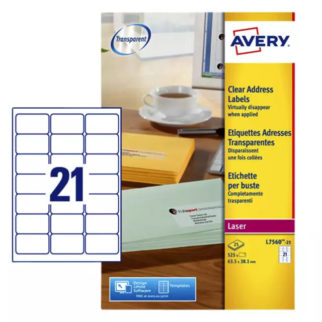 Een Etiket Avery L7560-25 63.5x38.1mm transparant 525stuks koop je bij QuickOffice BV