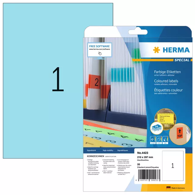 Een Etiket HERMA 4423 210x297mm A4 verwijderbaar blauw 20stuks koop je bij De Joma BV