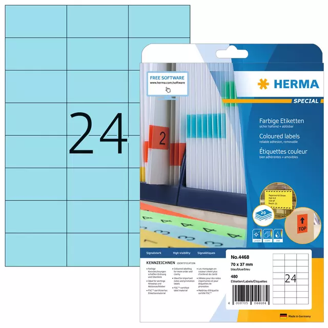 Een Etiket HERMA 4468 70x37mm verwijderbaar blauw 480stuks koop je bij De Joma BV