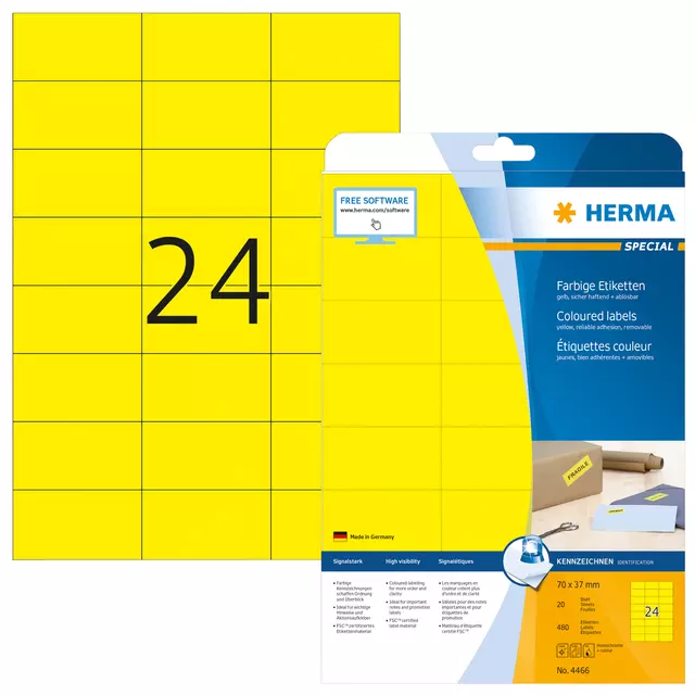 Een Etiket HERMA 4466 70x37mm verwijderbaar geel 480stuks koop je bij De Joma BV