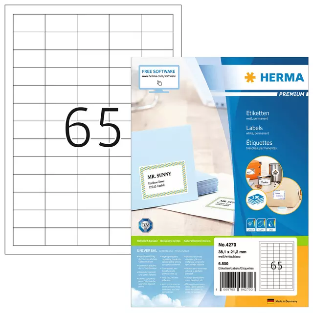 Een Etiket HERMA 4270 38.1x21.2mm premium wit 6500stuks koop je bij Schellen Boek- en Kantoorboekhandel