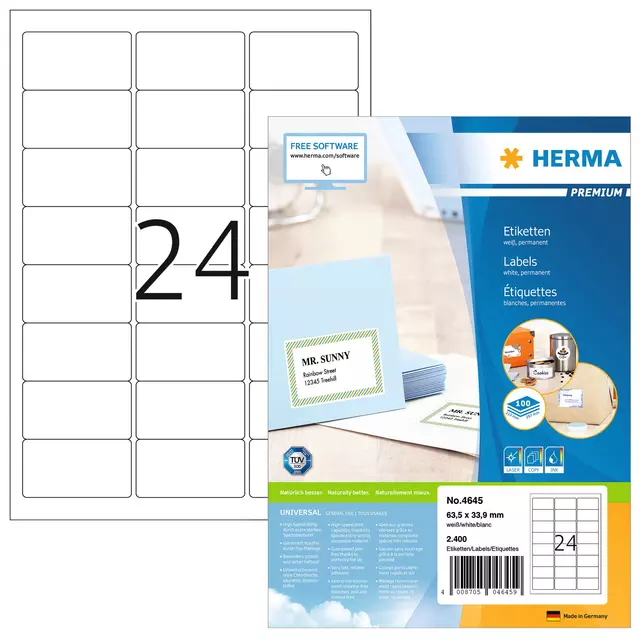 Een Etiket HERMA 4645 63.5x33.9mm prem wit 2400stuks koop je bij All Office Kuipers BV