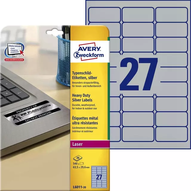 Een Etiket Avery L6011-20 63.5x29.6mm zilver 540stuk koop je bij QuickOffice BV