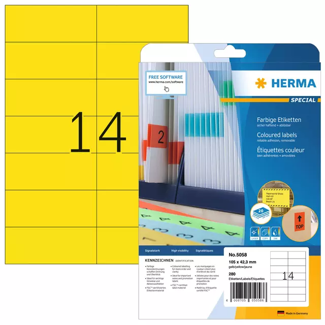 Een Etiket HERMA 5058 105x42.3mm verwijderb geel 280st koop je bij All Office Kuipers BV