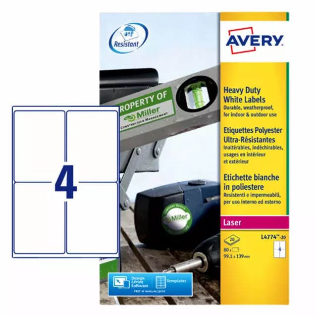 Een Etiket Avery L4774-20 99.1x139mm polyester wit 80stuks koop je bij De Rijk Kantoorshop