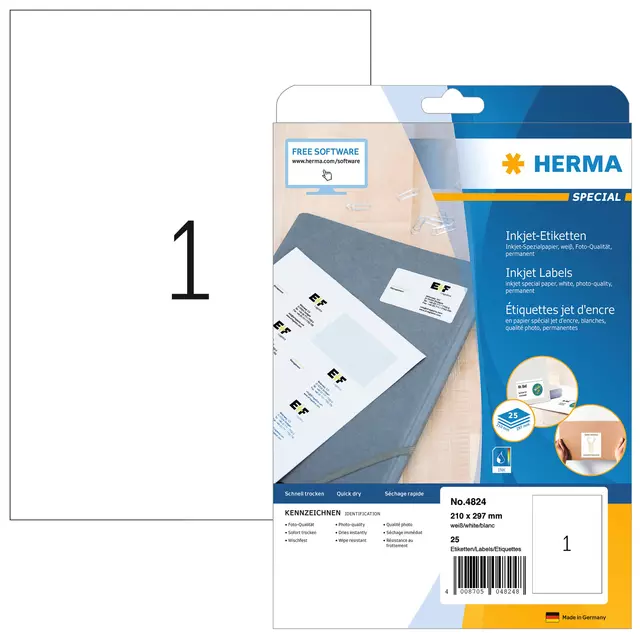 Een Etiket HERMA 4824 210x297mm A4 wit 25stuks koop je bij De Joma BV