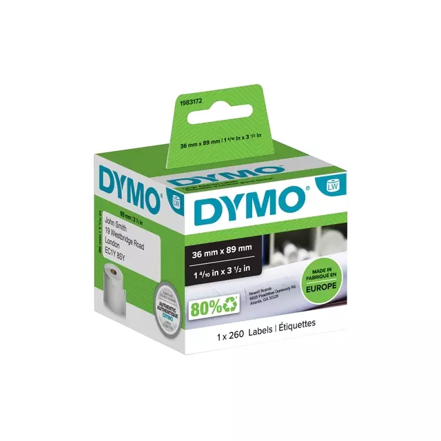 Een Etiket Dymo LabelWriter adressering 36x89mm 1 rol á 260 stuks wit koop je bij De Joma BV