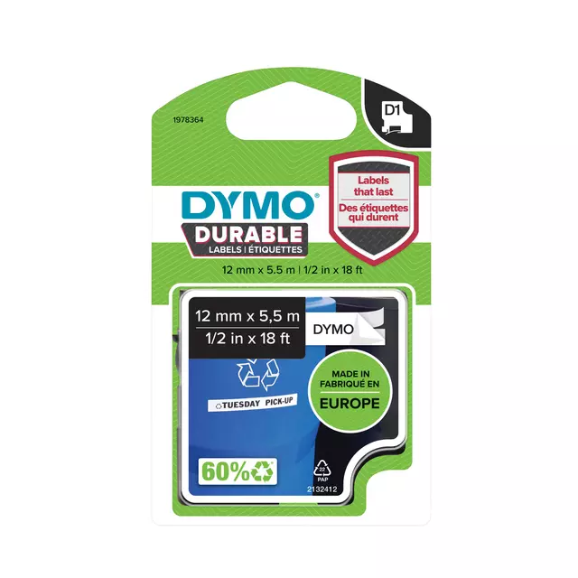 Een Labeltape Dymo LabelManager D1 polyester 12mm duurzaam zwart op wit koop je bij Schellen Boek- en Kantoorboekhandel