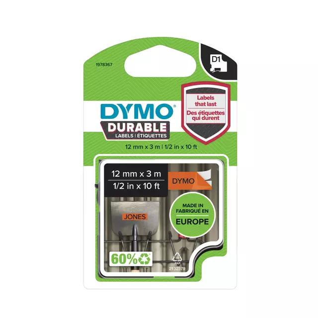 Een Labeltape Dymo LabelManager D1 polyester 12mm zwart op oranje koop je bij De Joma BV