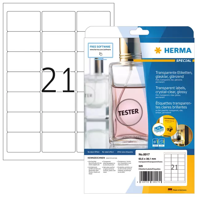 Een Etiket HERMA 8017 63.5x38.1mm 525st transparant koop je bij All Office Kuipers BV
