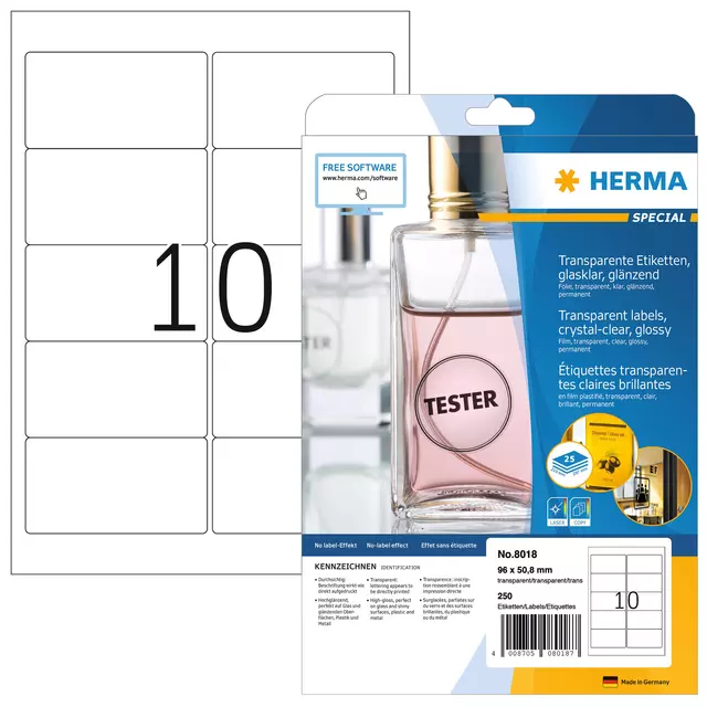 Een Etiket HERMA 8018 96x50.8mm 250st transparant koop je bij All Office Kuipers BV