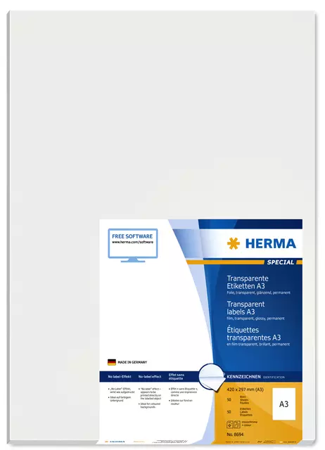 Een Etiket HERMA 8694 A3 297x420mm 50st transparant koop je bij All Office Kuipers BV