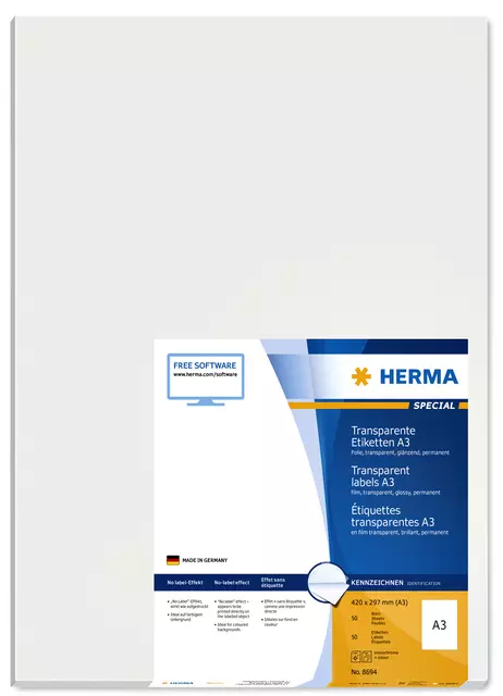 Een Etiket HERMA 8694 A3 297x420mm transparant 50 stuks koop je bij Supply Mij