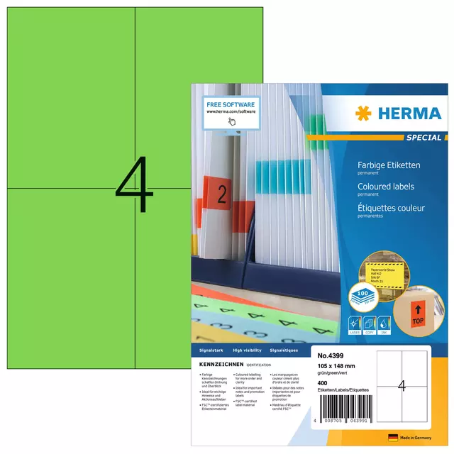 Een Etiket HERMA 4399 105x148mm A6 groen 400stuks koop je bij De Joma BV