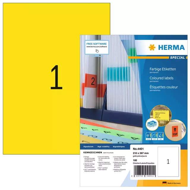 Een Etiket HERMA 4401 210x297mm A4 geel 100stuks koop je bij De Joma BV