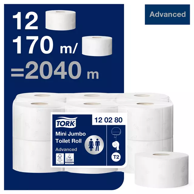 Een Toiletpapier Tork Mini Jumbo T2 advanced 2-laags 12 rollen wit 120280 koop je bij QuickOffice BV