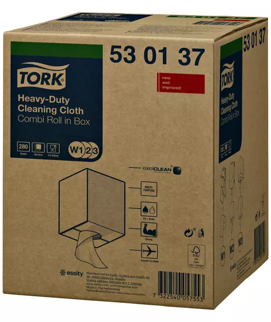 Een Reiningsdoek Tork Heavy-duty combi rol W1/2/3 nonwoven 280 vel wit 530137 koop je bij Clippz! Office Supplies