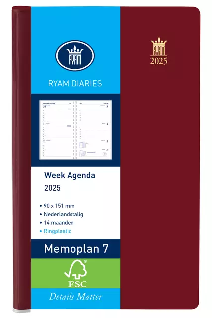 Een Agenda 2025 Ryam Memoplan 7 Suprema ringplasic 7dagen/2pagina's bordeaux koop je bij Clippz! Office Supplies