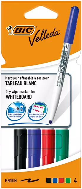 Een Viltstift Bic Velleda 1744 whiteboard rond medium assorti kartonnen etui à 4 stuks koop je bij Continu Kantoor