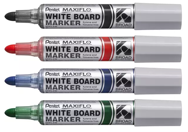 Een Viltstift Pentel MWL5M Maxiflo whiteboard rond 3mm assorti set à 4 stuks koop je bij De Joma BV