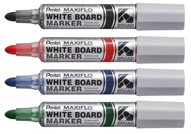 Een Viltstift Pentel MWL5M Maxiflo whiteboard rond 3mm assorti set à 4 stuks koop je bij QuickOffice BV