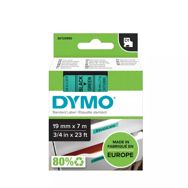 Een Labeltape Dymo LabelManager D1 polyester 19mm zwart op groen koop je bij Schellen Boek- en Kantoorboekhandel