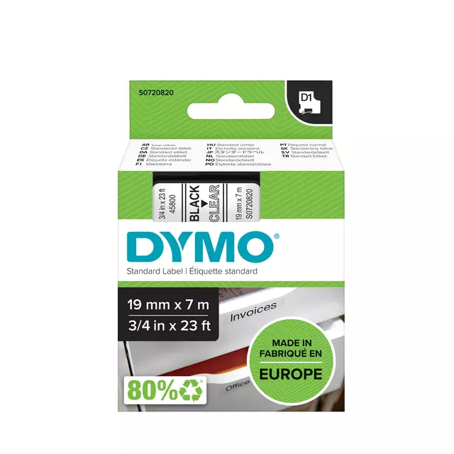 Een Labeltape Dymo LabelManager D1 polyester 19mm zwart op transparant koop je bij De Joma BV