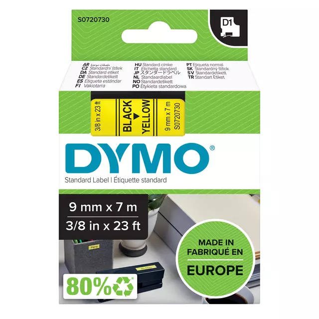 Een Labeltape Dymo LabelManager D1 polyester 9mm geel koop je bij All Office Kuipers BV