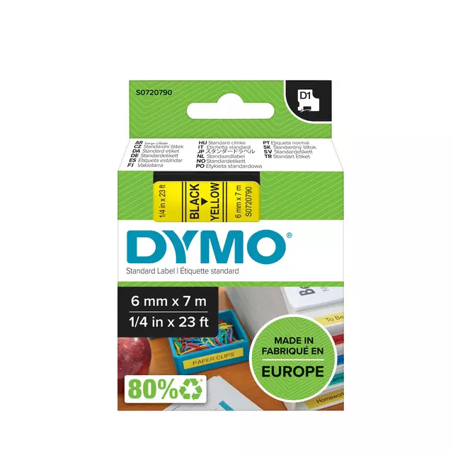 Een Labeltape Dymo LabelManager D1 polyester 6mm zwart op geel koop je bij Schellen Boek- en Kantoorboekhandel