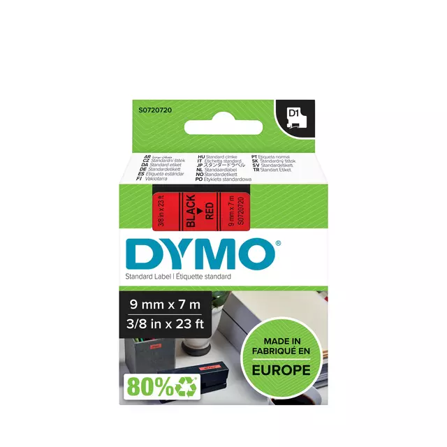 Een Labeltape Dymo LabelManager D1 polyester 9mm zwart op rood koop je bij De Joma BV