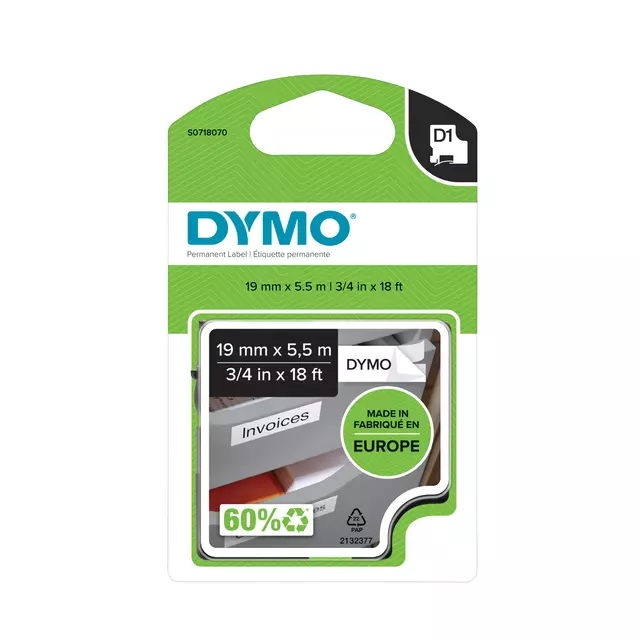 Een Labeltape Dymo LabelManager D1 polyester 19mm zwart op wit koop je bij De Joma BV