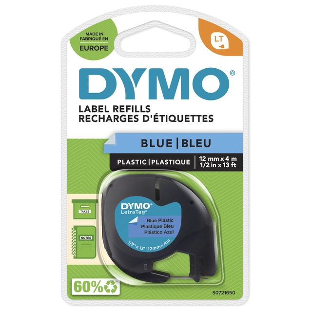 Een Labeltape Dymo LetraTag plastic 12mm zwart op blauw koop je bij QuickOffice BV