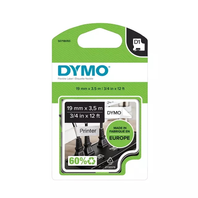 Een Labeltape Dymo LabelManager D1 nylon 19mm zwart op wit koop je bij De Joma BV