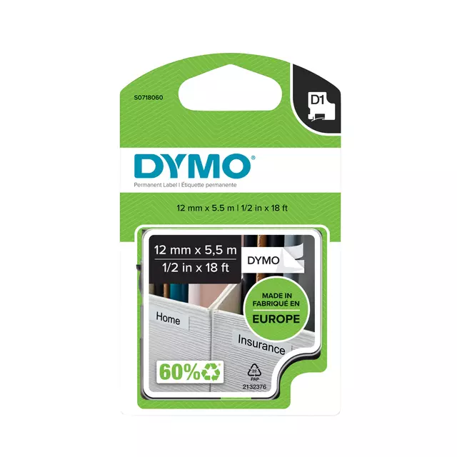Een Labeltape Dymo LabelManager D1 polyester 12mm zwart op wit koop je bij De Joma BV